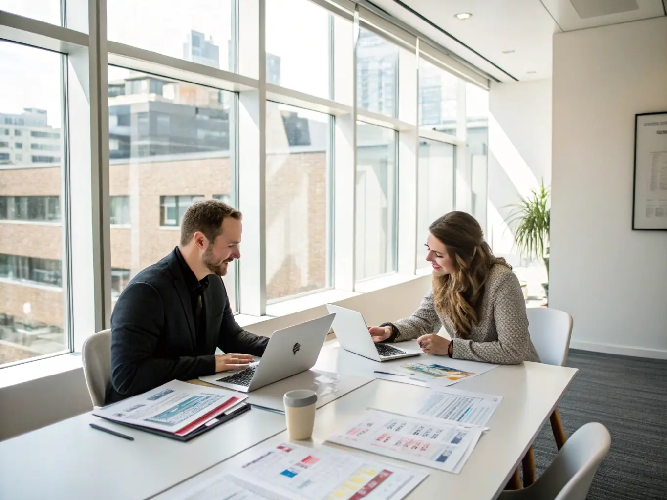 A professional in a business meeting, negotiating advertising placements with media representatives in a modern office setting, symbolizing VERTEXSPHERE GROUP LTD's media representation services.