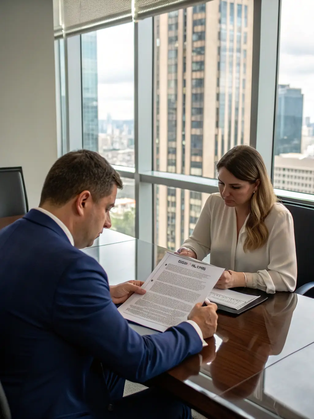 A professional in a business meeting, negotiating advertising placements with media representatives in a modern office setting.