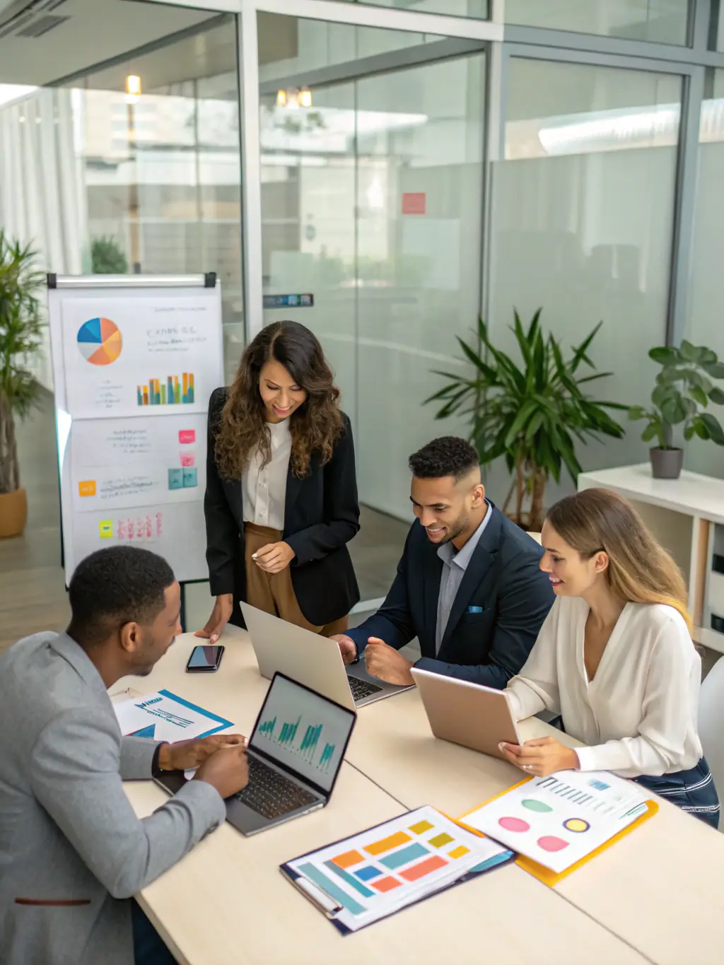 A diverse group of marketing professionals collaborating on a media campaign strategy in a bright, open-plan office.