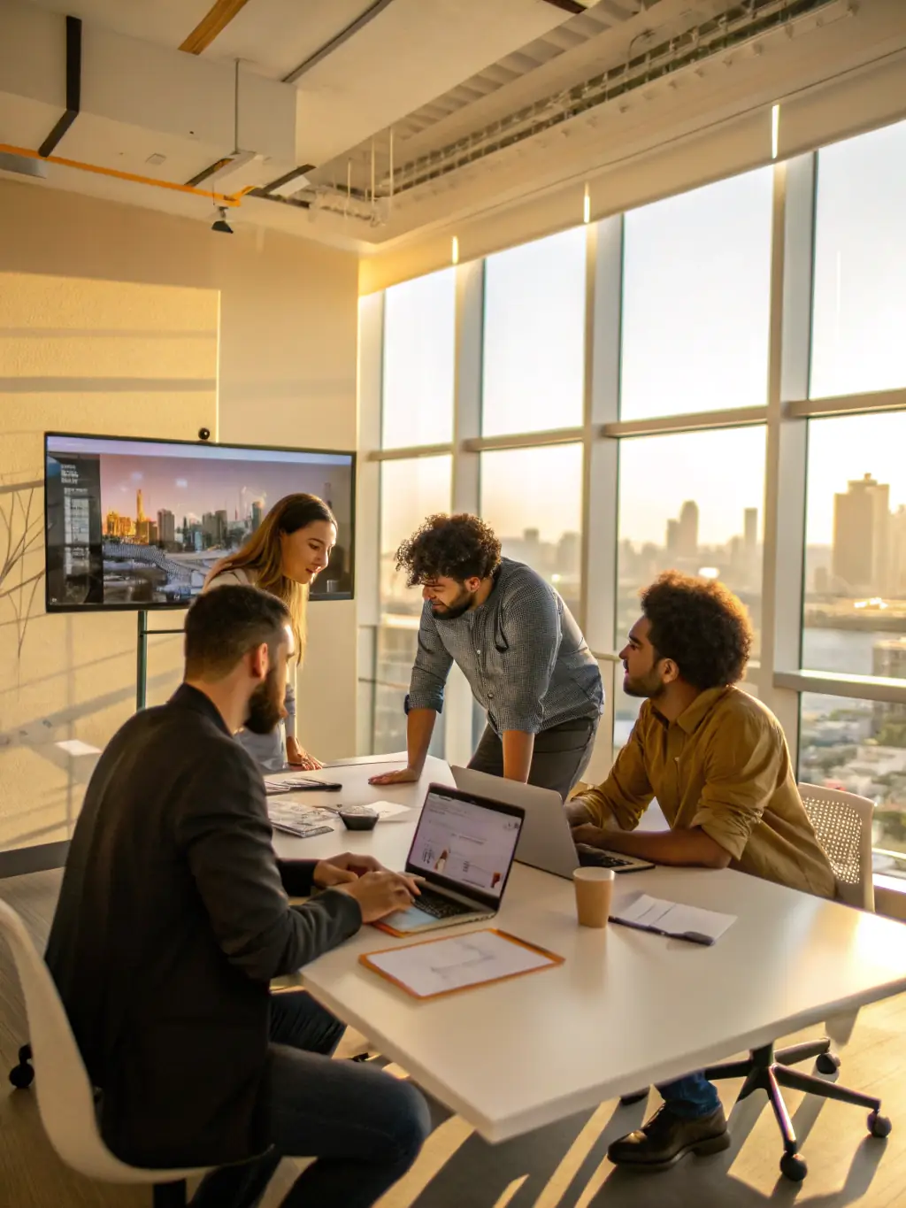 A professional team brainstorming advertising campaign ideas in a modern office setting, showcasing collaboration and strategic planning.