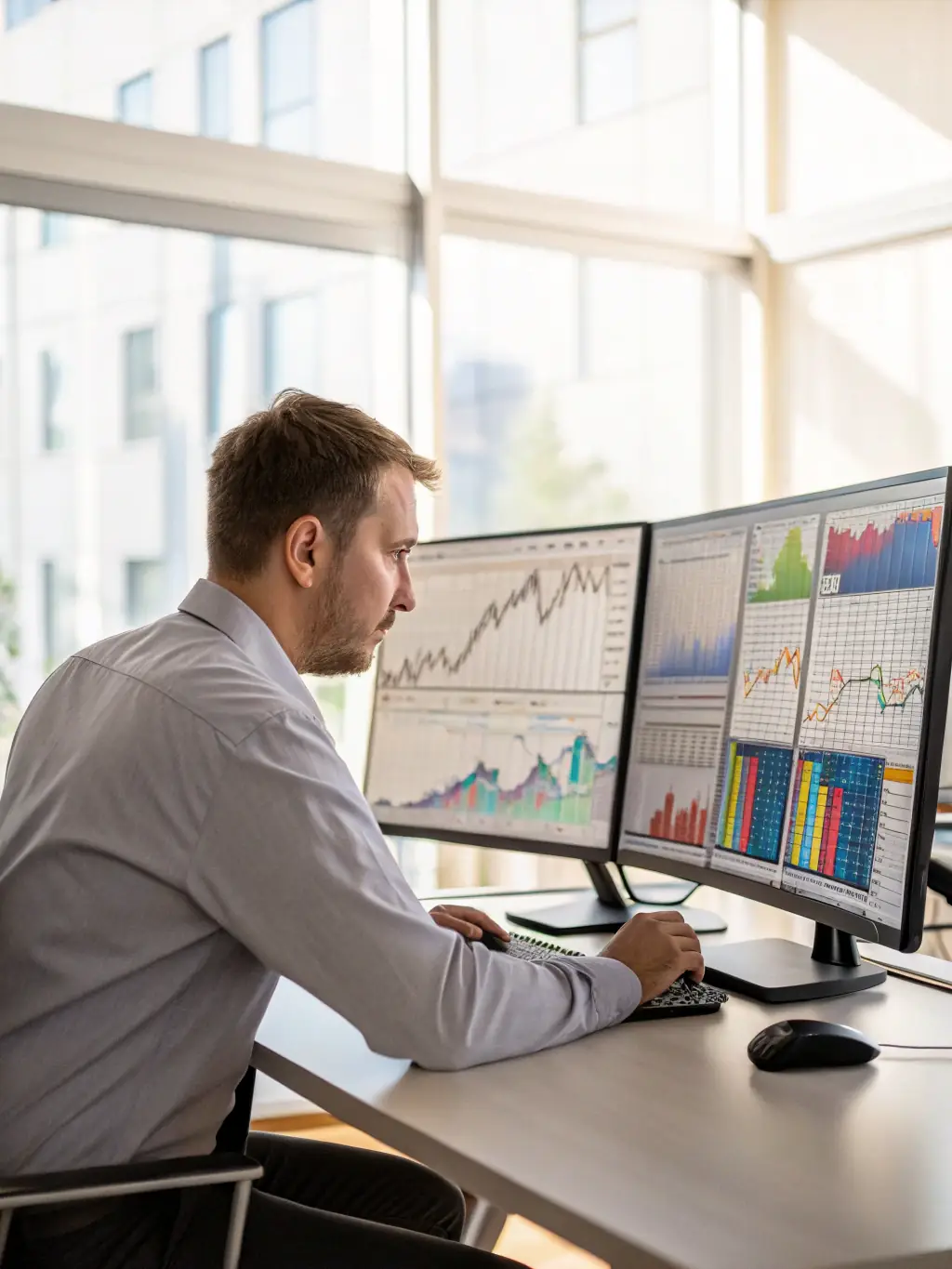 A digital marketing specialist analyzing audience demographics and engagement metrics on a computer screen.