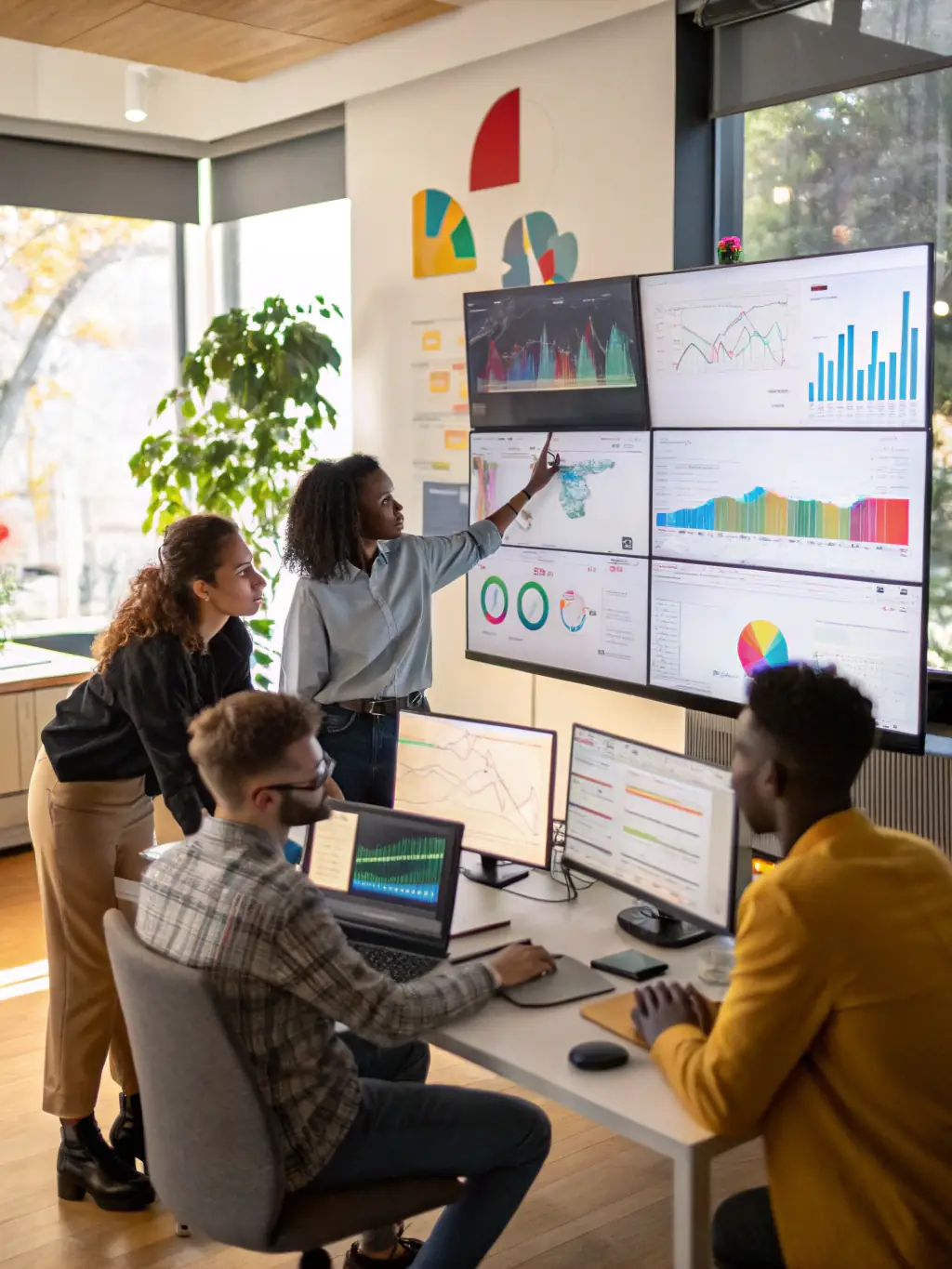 A brightly lit office with a diverse team collaborating around a large digital display showing advertising campaign performance metrics.