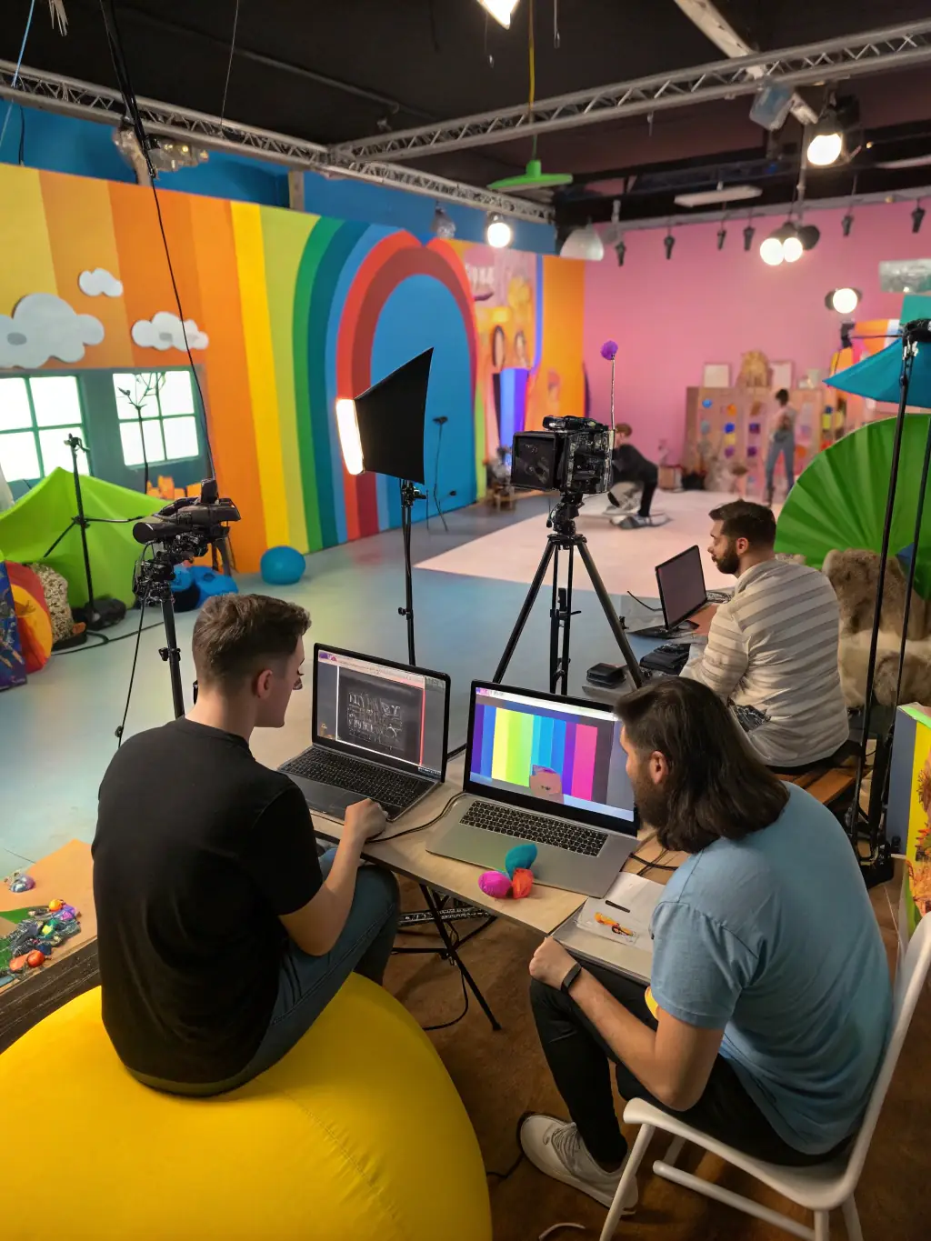 A modern studio environment where a creative team is developing visual content, including graphics and videos, for an advertising campaign.