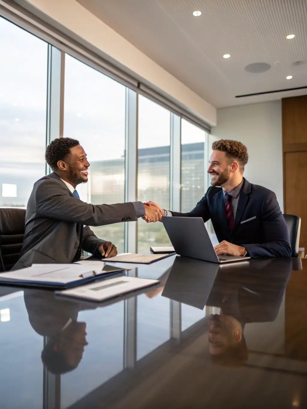 A professional negotiating with media representatives, securing optimal advertising placements and campaign coordination for a client.