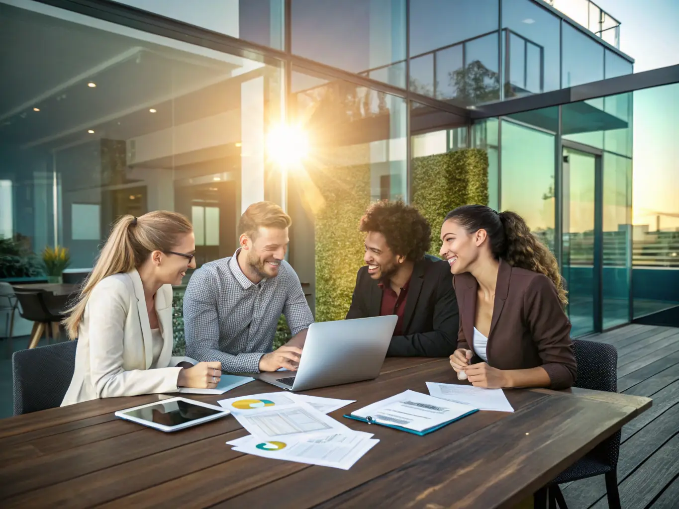 A diverse group of people collaborating on a media campaign strategy, using digital devices and traditional media materials in a creative workspace.