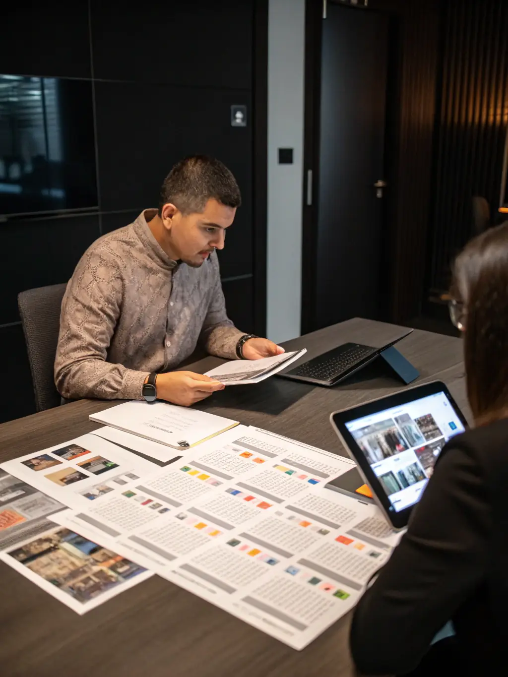 A professional photograph of a media buyer negotiating advertising rates with a television network executive in a modern office setting.